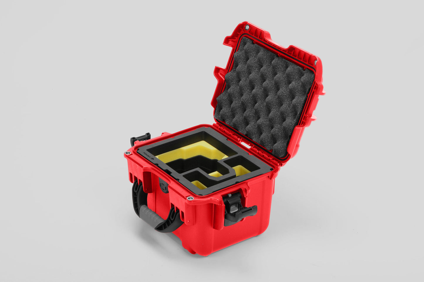 Angled view of DJI Zenmuse H30T Red Color Storage and Carrying Case and Custom Foam Insert with a Yellow Layer