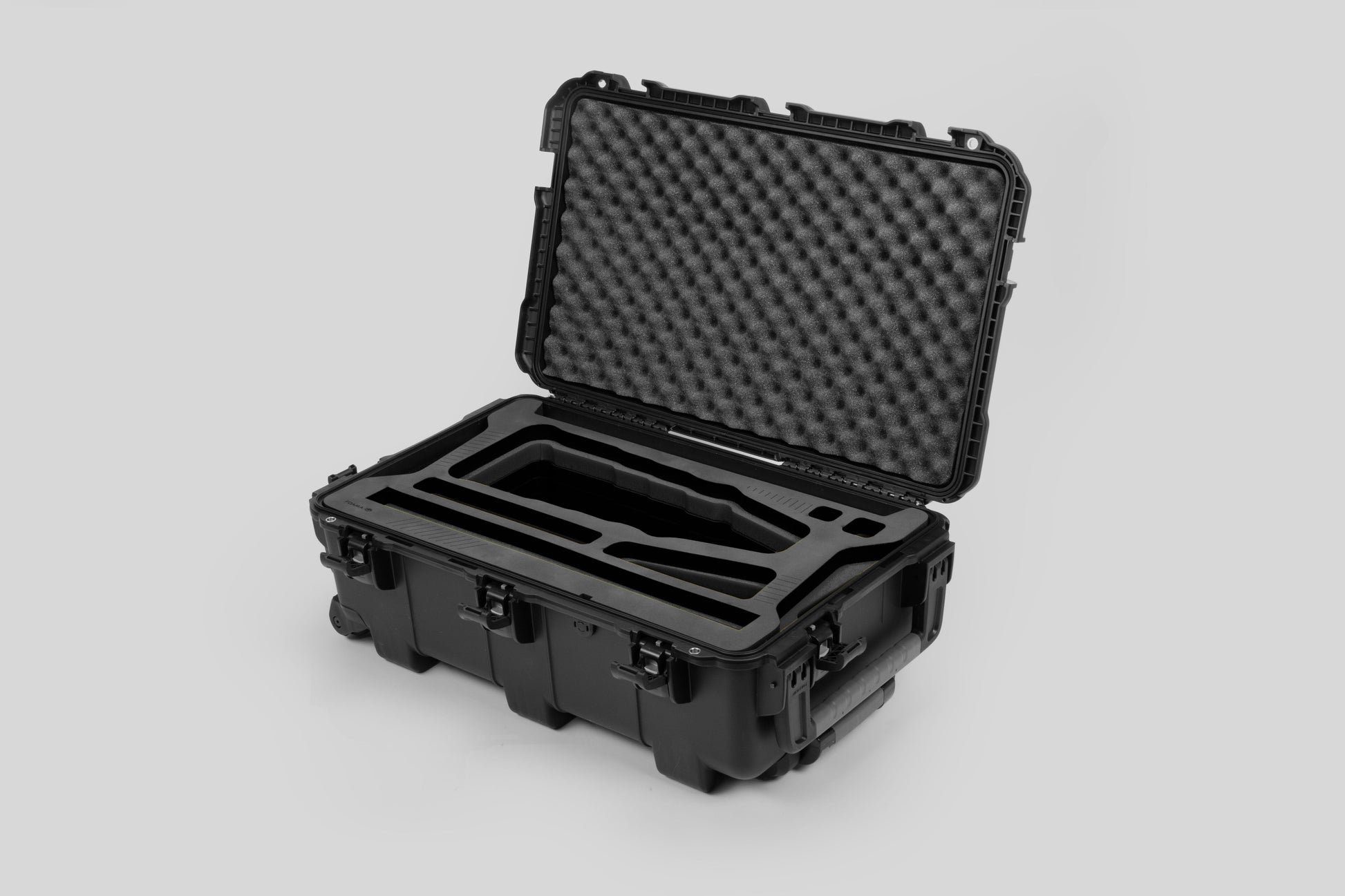 Angle view of Black Color Optimo 24-290mm Heavy-Duty Lens Case and Black Layer Custom Foam Insert