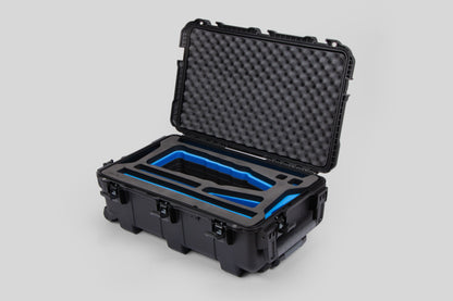 Angle view of Black Color Optimo 24-290mm Heavy-Duty Lens Case and Blue Layer Custom Foam Insert