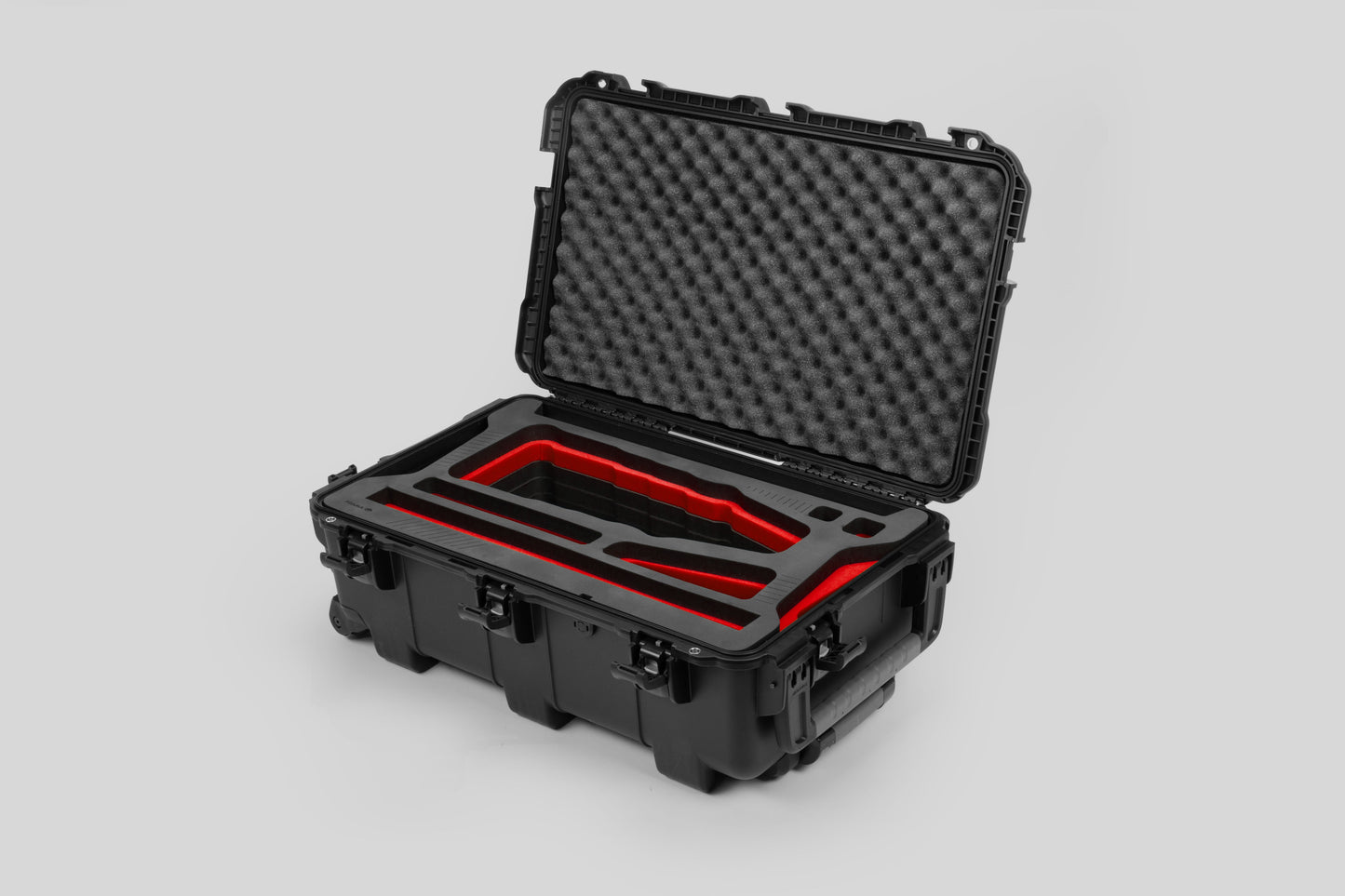 Angle view of Black Color Optimo 24-290mm Heavy-Duty Lens Case and Red Layer Custom Foam Insert