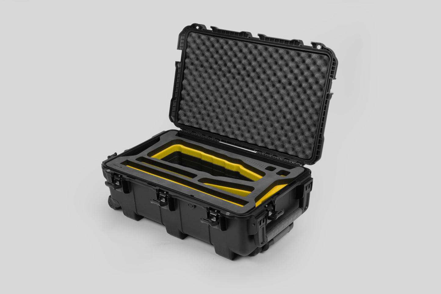 Angle view of Black Color Optimo 24-290mm Heavy-Duty Lens Case and Yellow Layer Custom Foam Insert