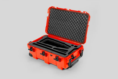 Angled view of Orange Color Optimo 24-290mm Heavy-Duty Lens Case and Black Layer Custom Foam Insert
