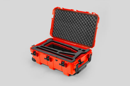 Angled view of Orange Color Optimo 24-290mm Heavy-Duty Lens Case and Red Layer Custom Foam Insert