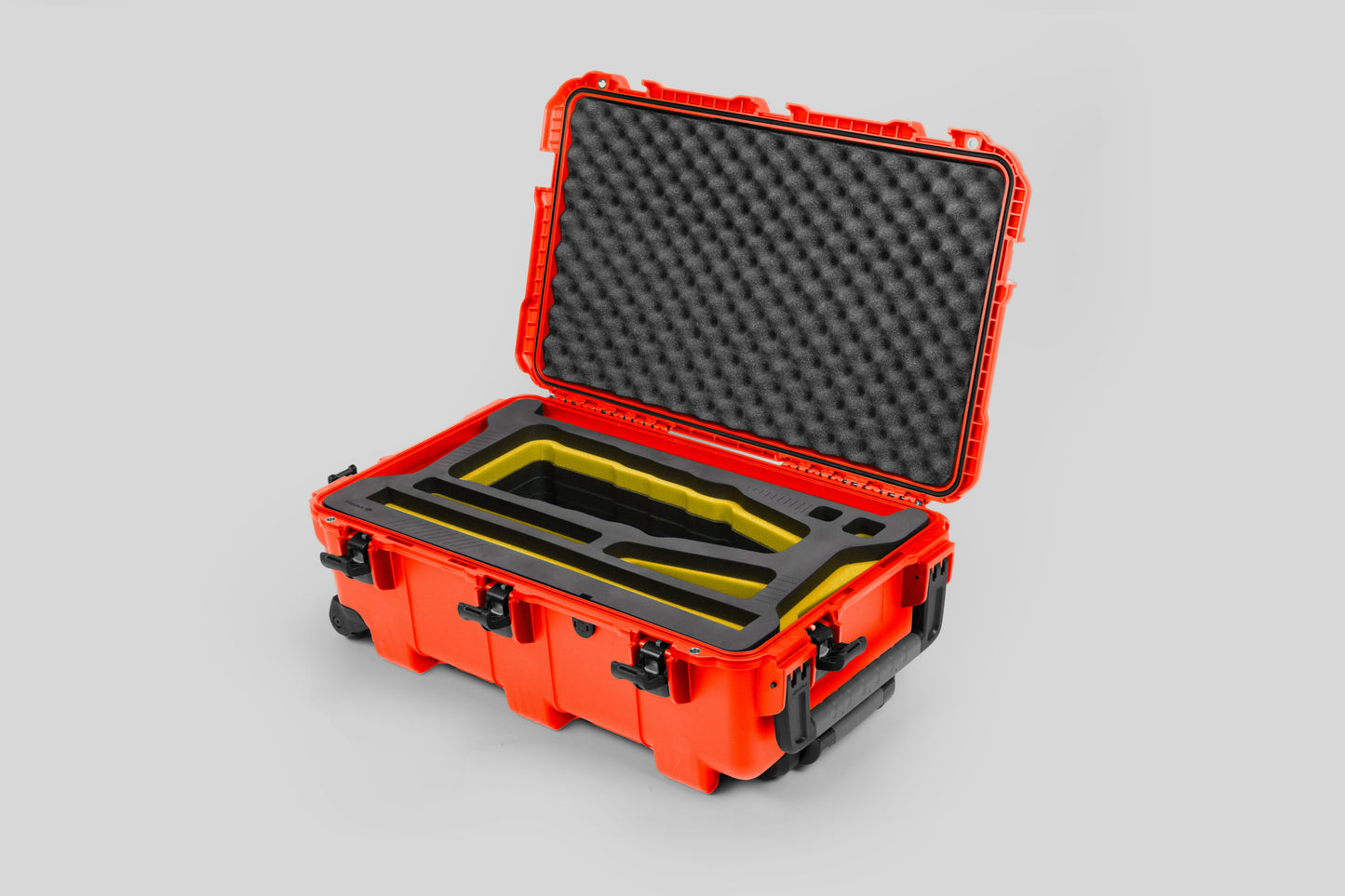 Angled view of Orange Color Optimo 24-290mm Heavy-Duty Lens Case and Yellow Layer Custom Foam Insert