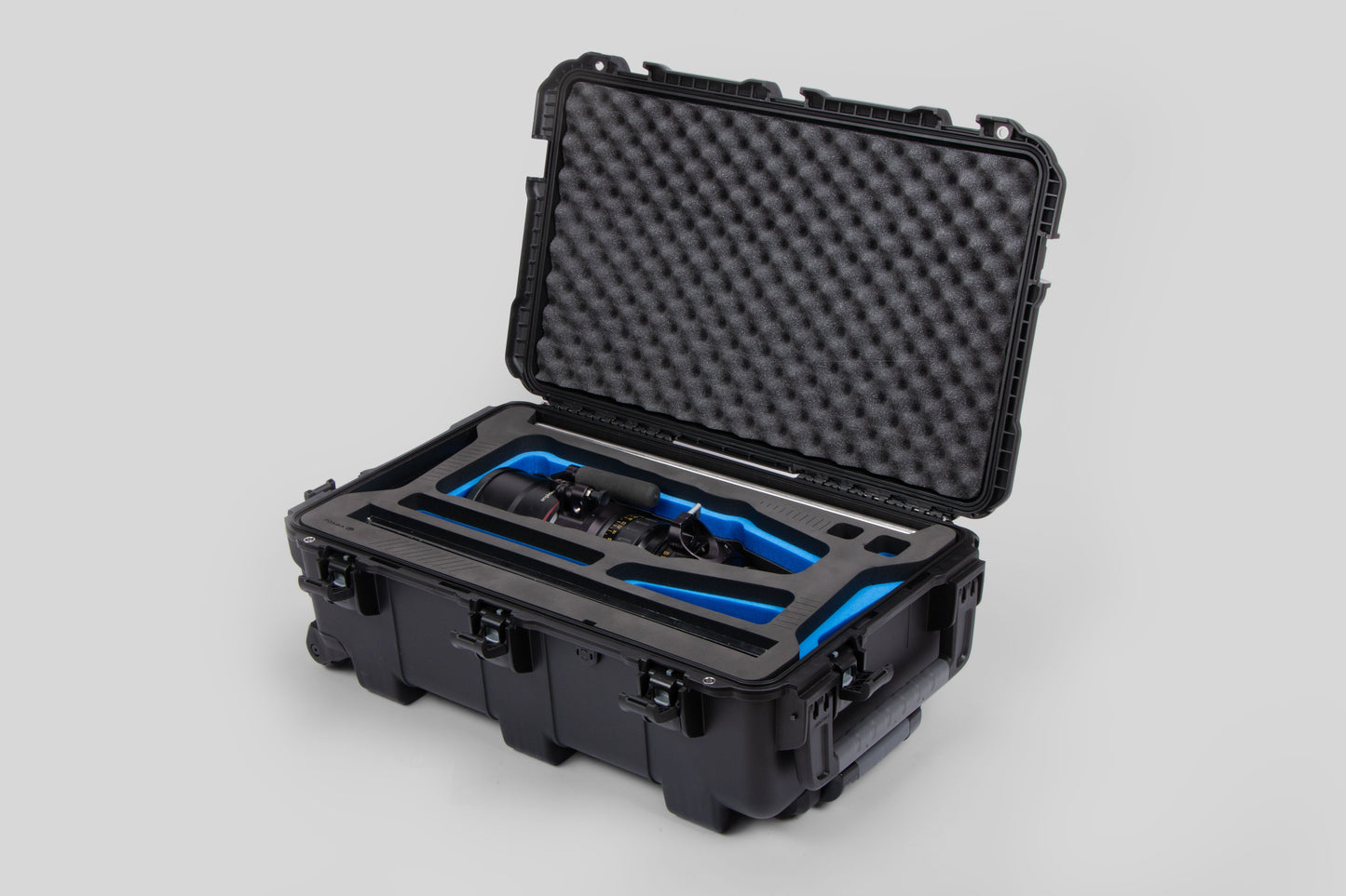 Angle view of Black Color Optimo 24-290mm Heavy-Duty Lens Case and Blue Layer Custom Foam Insert