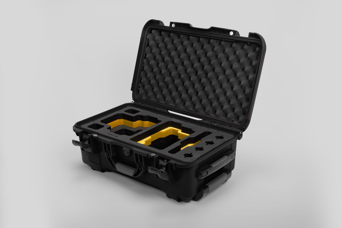 Angle view of Black Color RED V Raptor Carry-On Case with Yellow Layer Custom Foam Insert