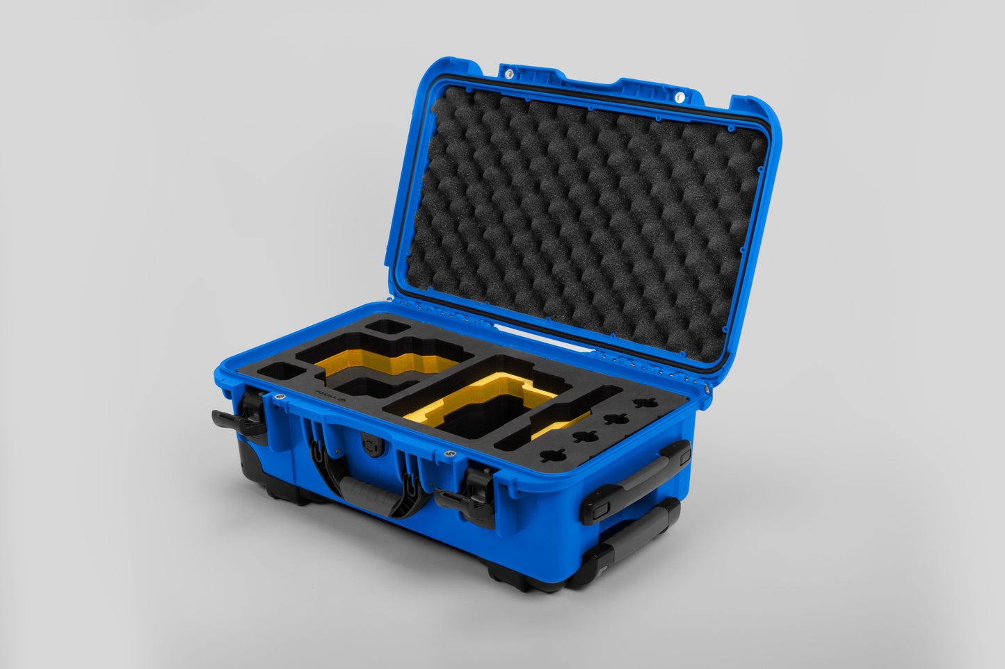 Angle view of Blue Color RED V Raptor Carry-On Case with Yellow Layer Custom Foam Insert