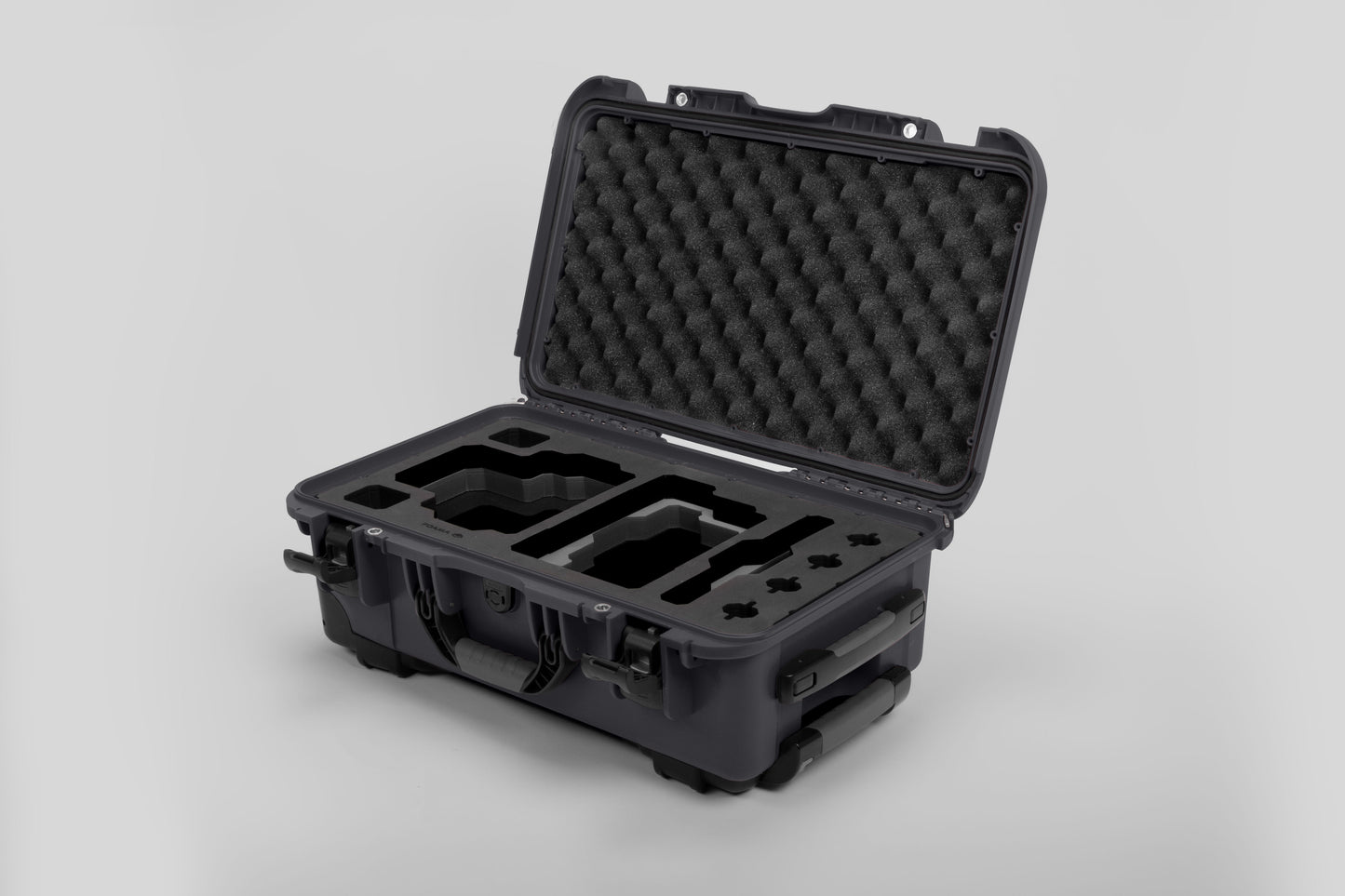 Angle view of Graphite Color RED V Raptor Carry-On Case with Black Layer Custom Foam Insert