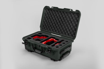 Angle view of Olive Color RED V Raptor Carry-On Case with Red Layer Custom Foam Insert
