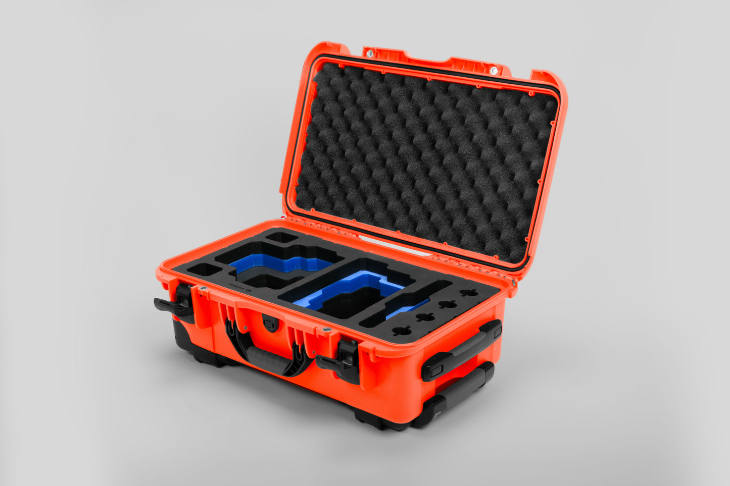 Angle view of Orange Color RED V Raptor Carry-On Case with Blue Layer Custom Foam Insert