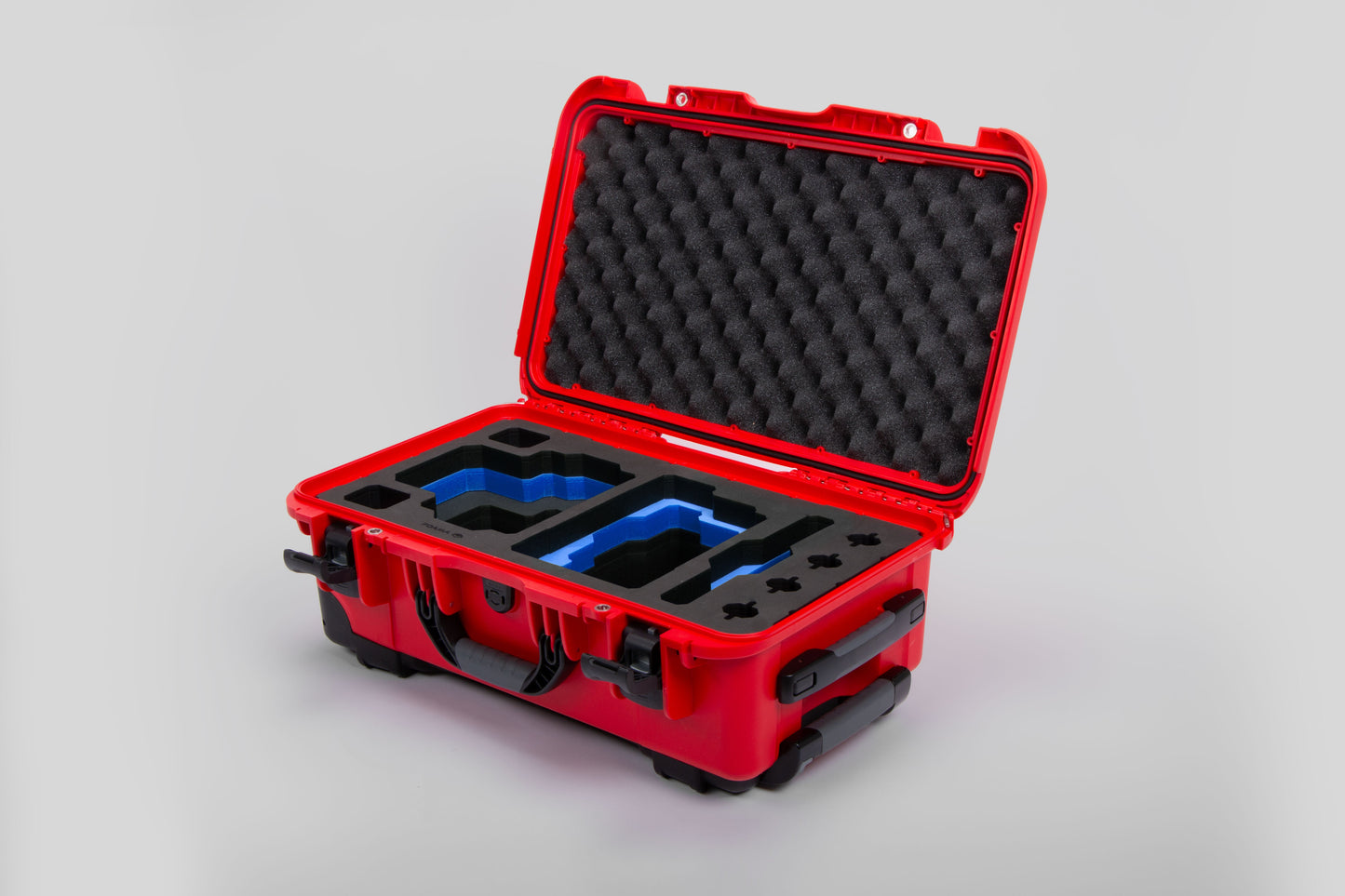 Angle view of Red Color RED V Raptor Carry-On Case with Blue Layer Custom Foam Insert