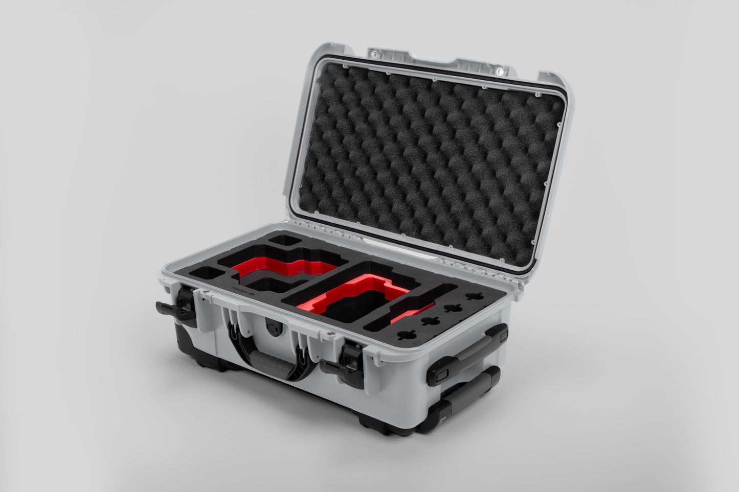 Angle view of Silver Color RED V Raptor Carry-On Case with Red Layer Custom Foam Insert