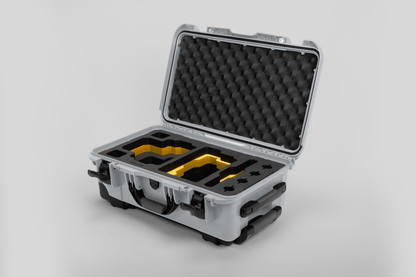 Angle view of Silver Color RED V Raptor Carry-On Case with Yellow Layer Custom Foam Insert