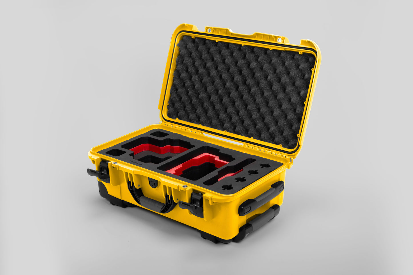 Angle view of Yellow Color RED V Raptor Carry-On Case with Red Layer Custom Foam Insert