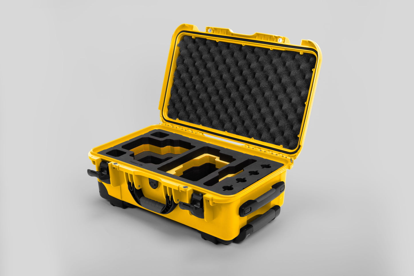 Angle view of Yellow Color RED V Raptor Carry-On Case with Yellow Layer Custom Foam Insert