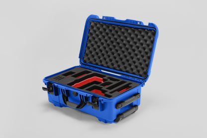 Angled view of Foama Blue Color Travel Case and Custom Foam Insert with Red Layer for RED Monstro