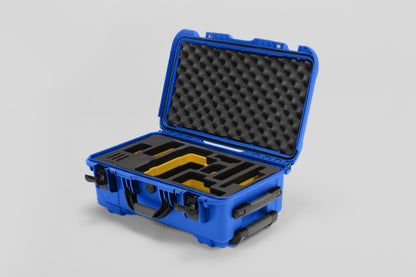 Angled view of Foama Blue Color Travel Case and Custom Foam Insert with Yellow Layer for RED Monstro
