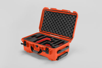 Angled view of Foama Orange Color Travel Case and Custom Foam Insert with Red Layer for RED Monstro