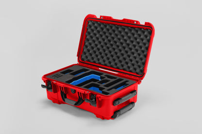 Angled view of Foama Red Color Travel Case and Custom Foam Insert with Blue Layer for RED Monstro