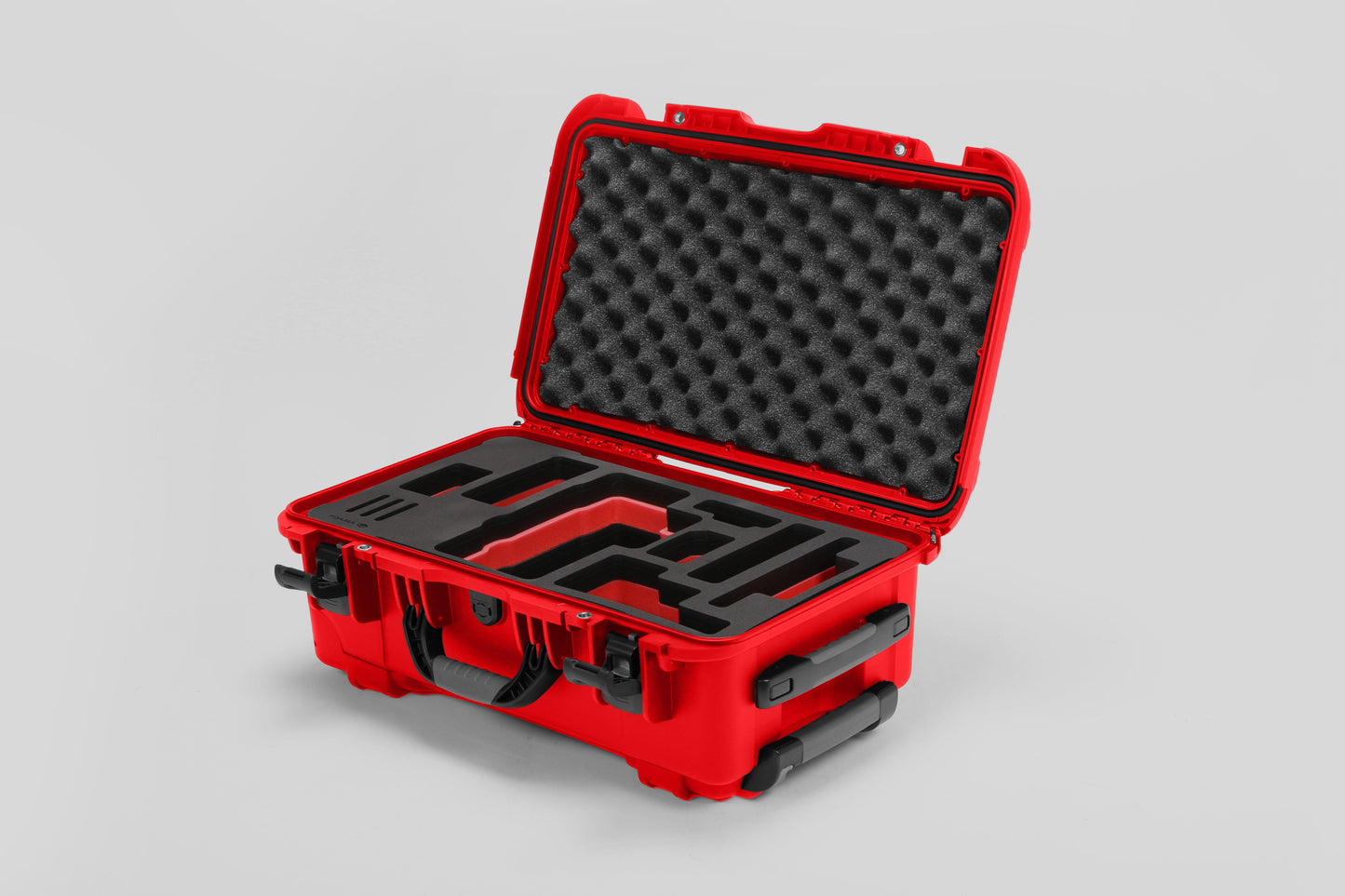 Angled view of Foama Red Color Travel Case and Custom Foam Insert with Red Layer for RED Monstro