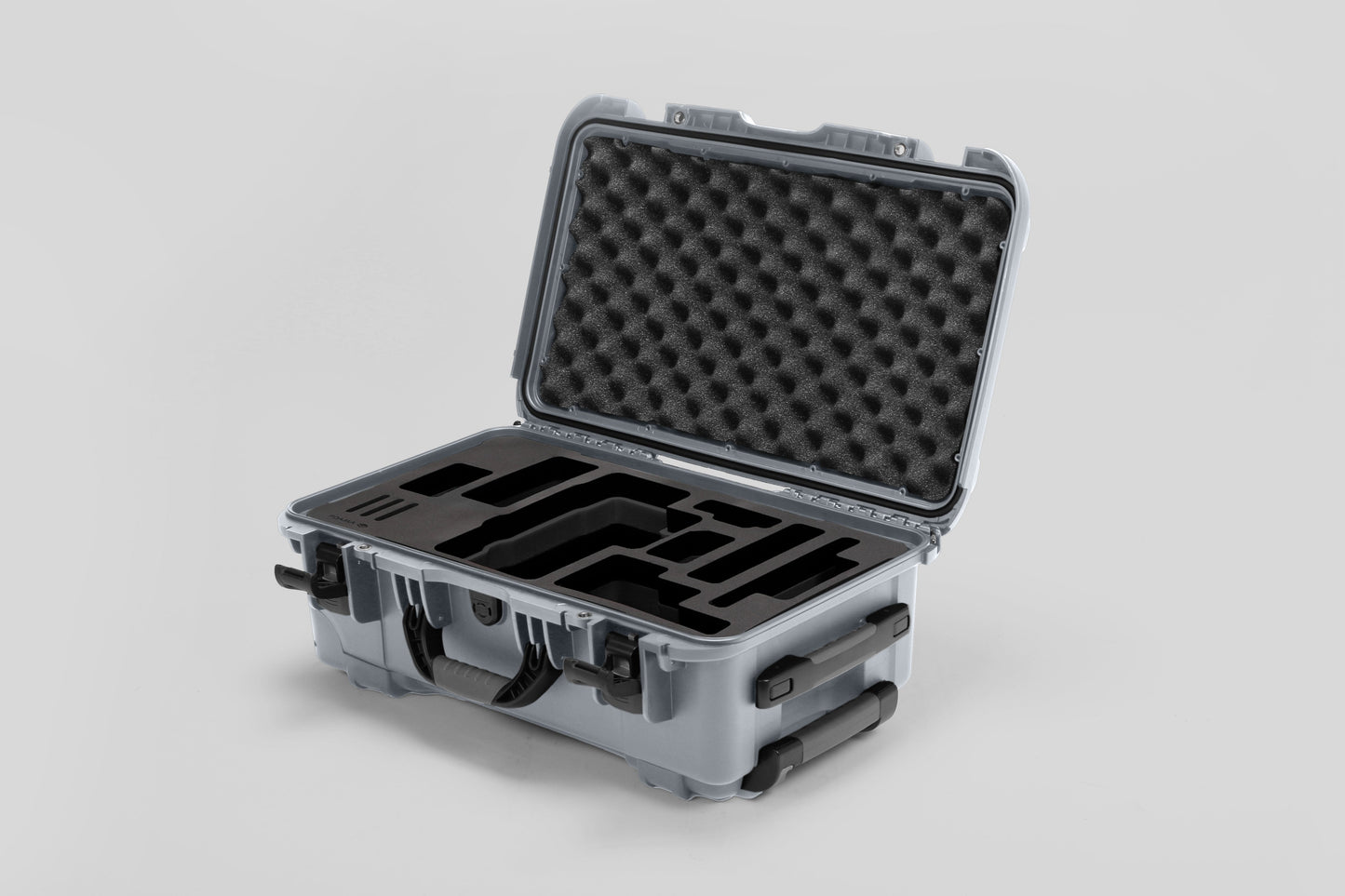 Angled view of Foama Silver Color Travel Case and Custom Foam Insert for RED Monstro