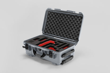 Angled view of Foama Silver Color Travel Case and Custom Foam Insert with Red Layer for RED Monstro