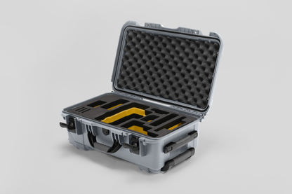 Angled view of Foama Silver Color Travel Case and Custom Foam Insert with Yellow Layer for RED Monstro