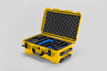 Angled view of Foama Yellow Color Travel Case and Custom Foam Insert with Blue Layer for RED Monstro