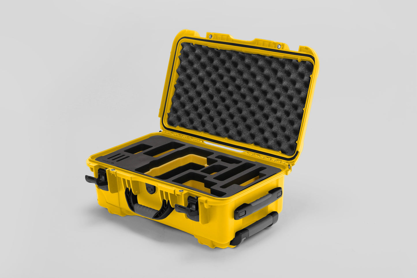 Angled view of Foama Yellow Color Travel Case and Custom Foam Insert with Yellow Layer for RED Monstro