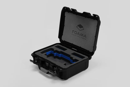 Angled view of Foama Black Color Travel Case and Custom Foam Insert with Blue Layer for SmallHD 703 Bolt Pro