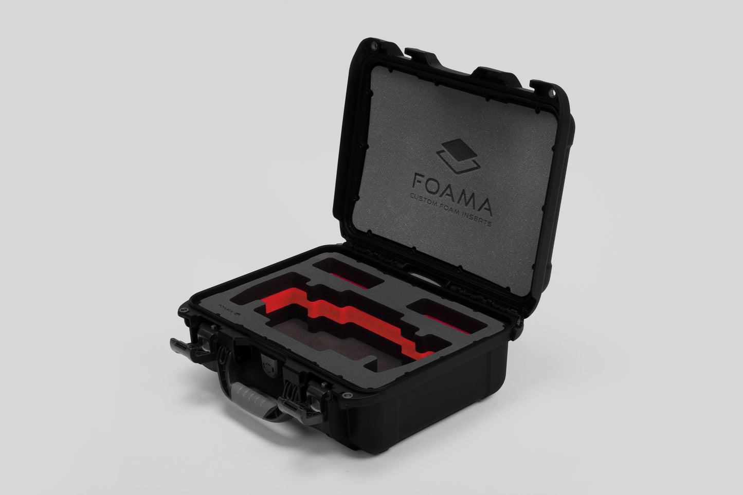 Angled view of Foama Black Color Travel Case and Custom Foam Insert with Red Layer for SmallHD 703 Bolt Pro