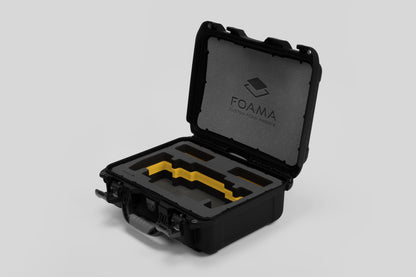 Angled view of Foama Black Color Travel Case and Custom Foam Insert with Yellow Layer for SmallHD 703 Bolt Pro