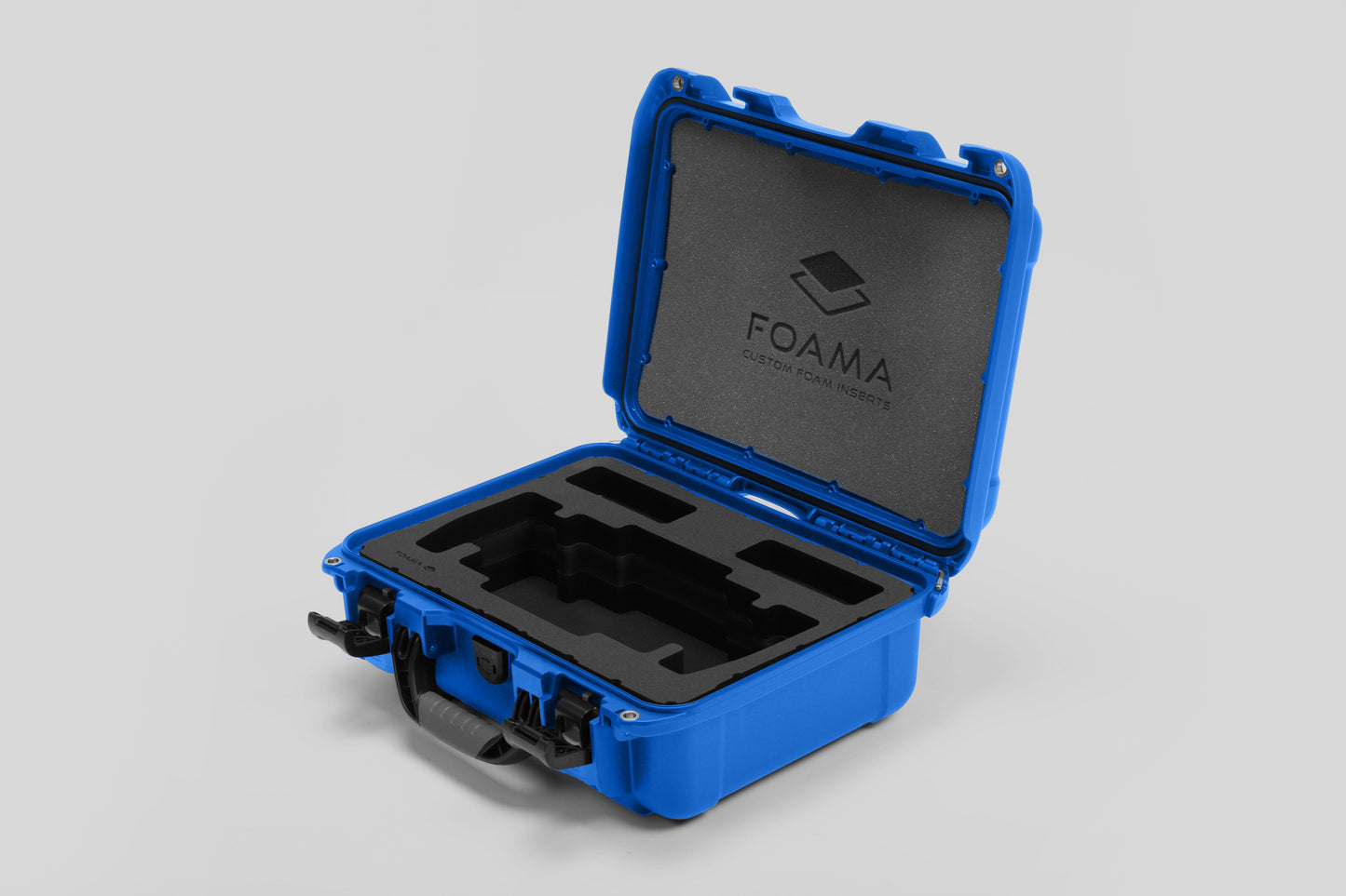 Angled view of Foama Blue Color Travel Case and Custom Foam Insert for SmallHD 703 Bolt Pro
