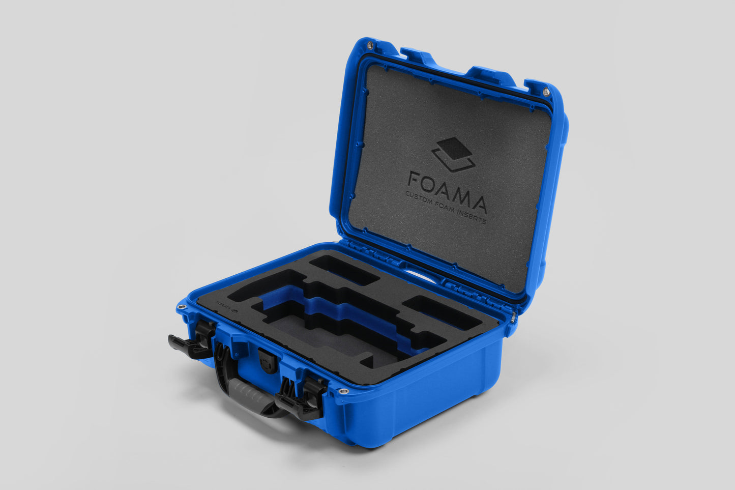 Angled view of Foama Blue Color Travel Case and Custom Foam Insert with Blue Layer for SmallHD 703 Bolt Pro
