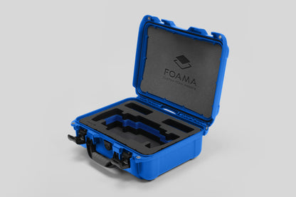 Angled view of Foama Blue Color Travel Case and Custom Foam Insert with Blue Layer for SmallHD 703 Bolt Pro