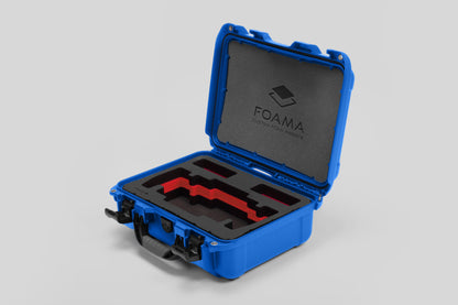 Angled view of Foama Blue Color Travel Case and Custom Foam Insert with Red Layer for SmallHD 703 Bolt Pro