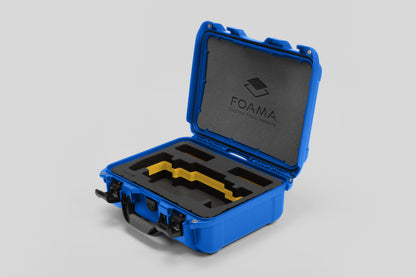 Angled view of Foama Blue Color Travel Case and Custom Foam Insert with Yellow Layer for SmallHD 703 Bolt Pro
