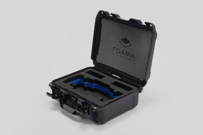 Angled view of Foama Graphite Color Travel Case and Custom Foam Insert with Blue Layer for SmallHD 703 Bolt Pro