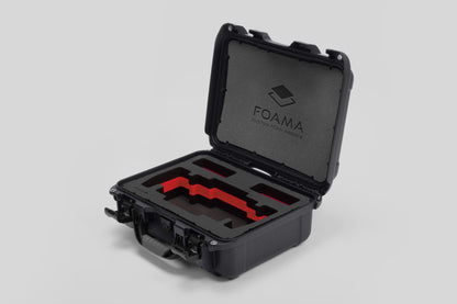 Angled view of Foama Graphite Color Travel Case and Custom Foam Insert with Red Layer for SmallHD 703 Bolt Pro
