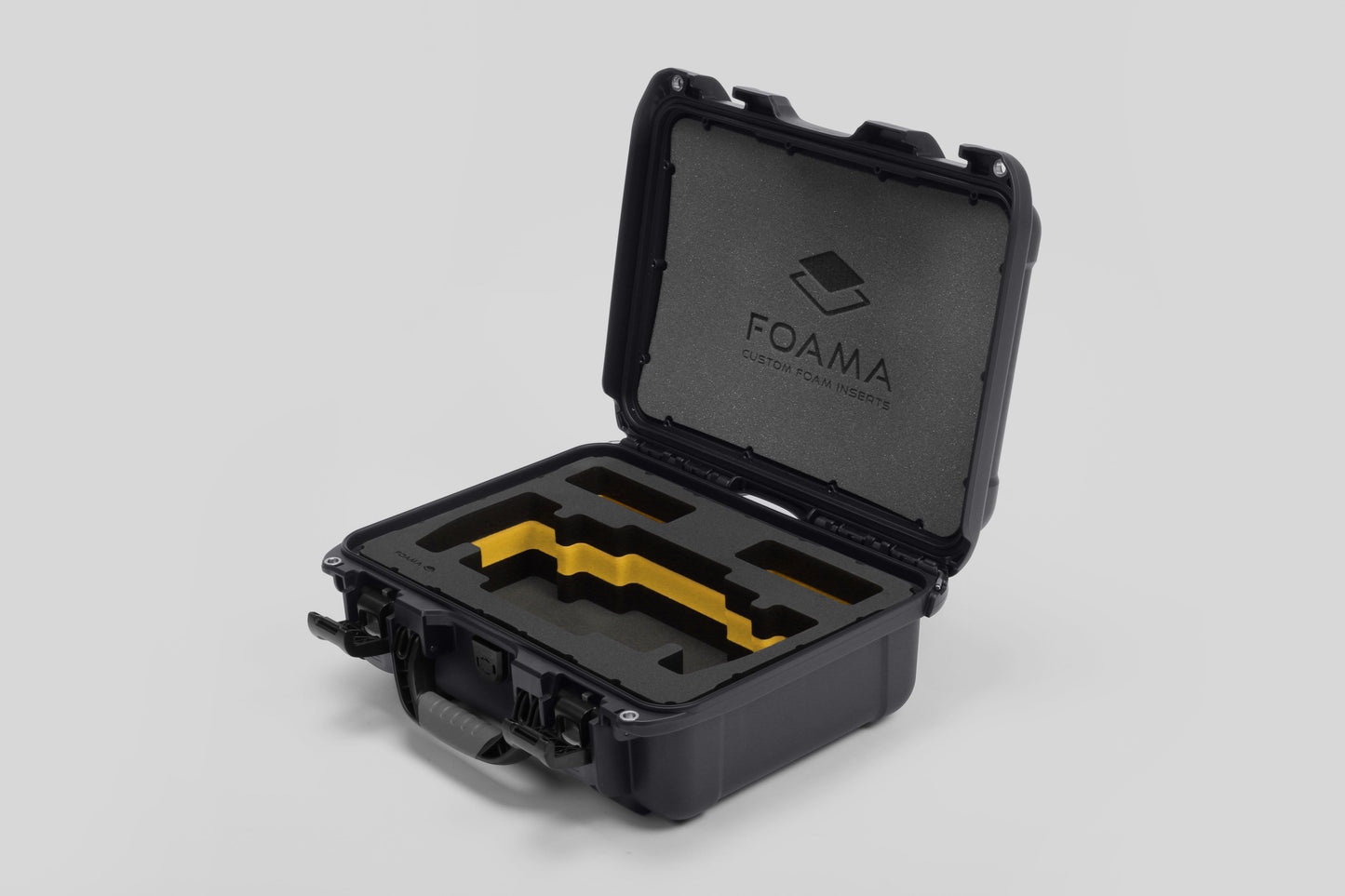 Angled view of Foama Graphite Color Travel Case and Custom Foam Insert with Yellow Layer for SmallHD 703 Bolt Pro