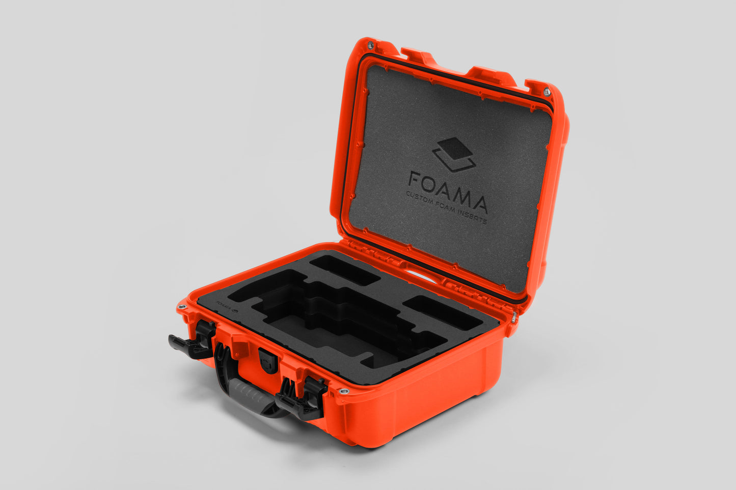 Angled view of Foama Orange Color Travel Case and Custom Foam Insert for SmallHD 703 Bolt Pro