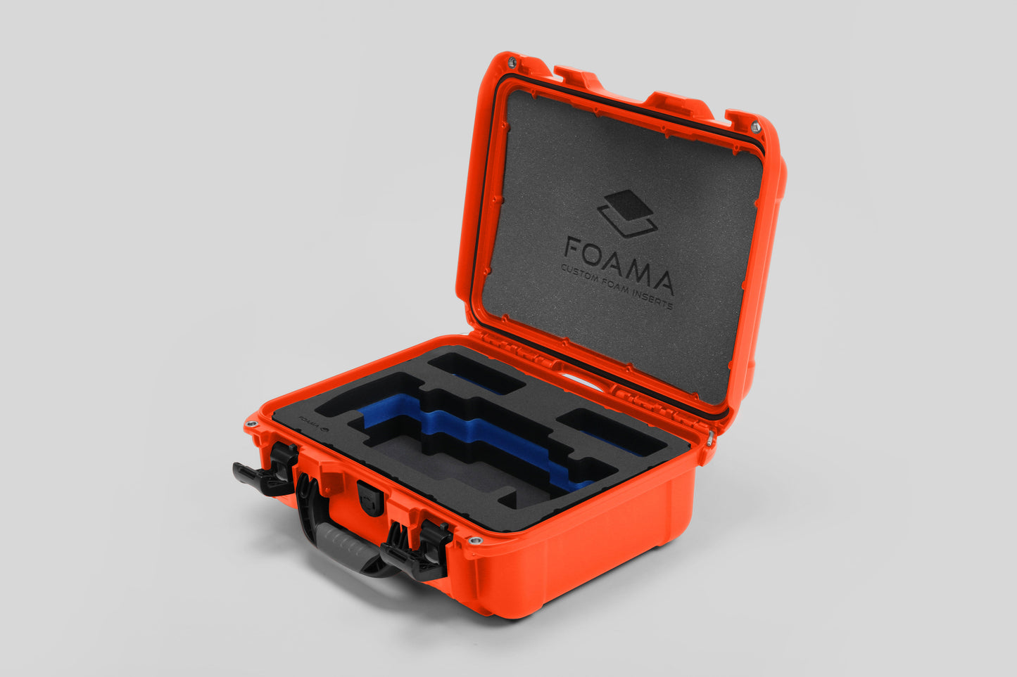 Angled view of Foama Orange Color Travel Case and Custom Foam Insert with Blue Layer for SmallHD 703 Bolt Pro