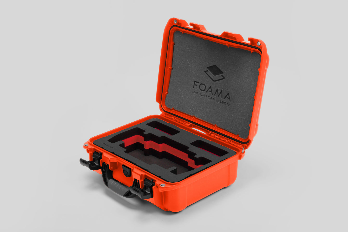 Angled view of Foama Orange Color Travel Case and Custom Foam Insert with Red Layer for SmallHD 703 Bolt Pro