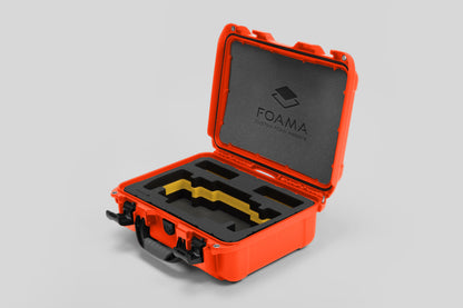 Angled view of Foama Orange Color Travel Case and Custom Foam Insert with Yellow Layer for SmallHD 703 Bolt Pro