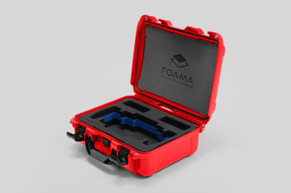 Angled view of Foama Red Color Travel Case and Custom Foam Insert with Blue Layer for SmallHD 703 Bolt Pro