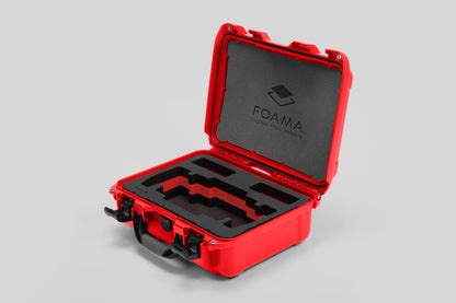 Angled view of Foama Red Color Travel Case and Custom Foam Insert with Red Layer for SmallHD 703 Bolt Pro