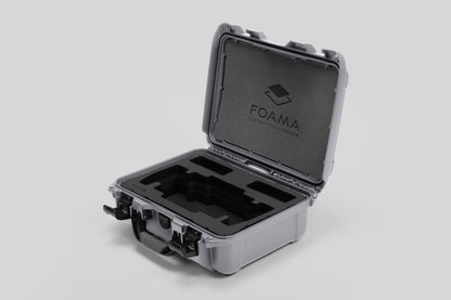 Angled view of Foama Silver Color Travel Case and Custom Foam Insert for SmallHD 703 Bolt Pro