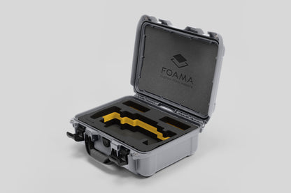 Angled view of Foama Silver Color Travel Case and Custom Foam Insert with Yellow Layer for SmallHD 703 Bolt Pro