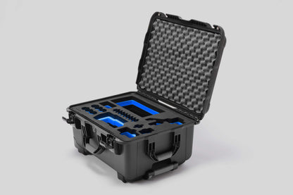 Angled view of Sony FX3 Black Color Studio Case and Custom Foam Insert with a Blue Layer