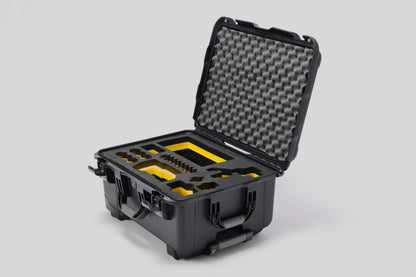 Angled view of Sony FX3 Graphite Color Studio Case and Custom Foam Insert with a Yellow Layer